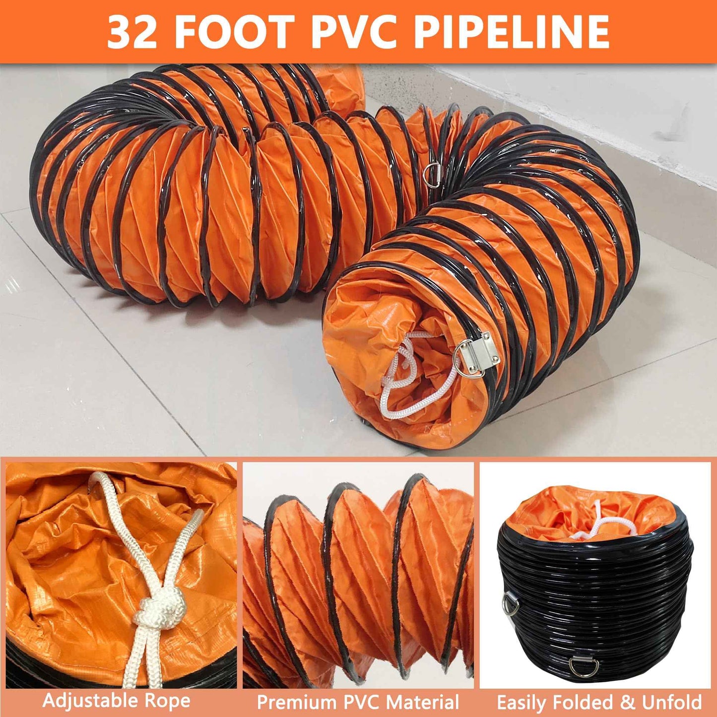 32FT Ducting Hose 16 Inch PVC Flexible Duct Hosing with Adjustable Rope for Utility Blower Exhaust Fan