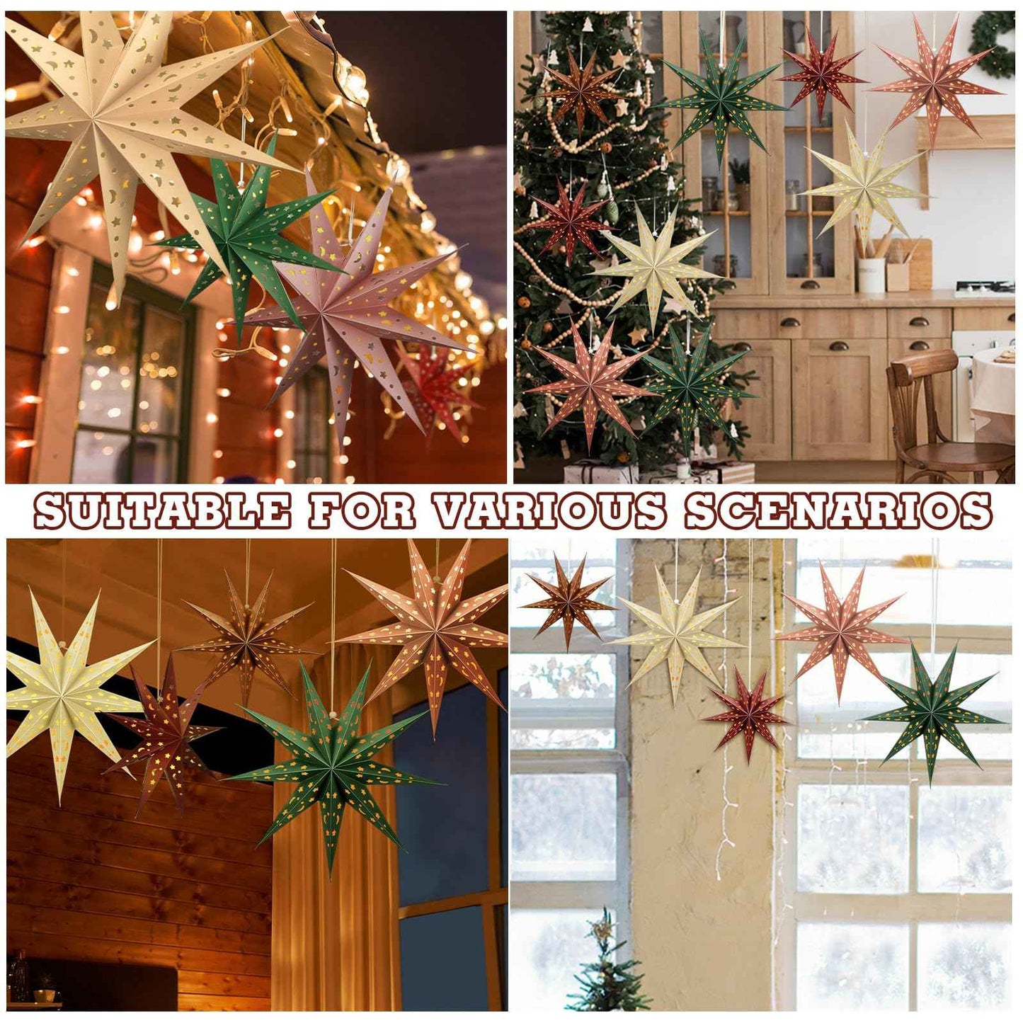 Fullhawl 5 Set 3D Paper Star Lantern - 9 Pointed Hanging Star Lampshade for Xmas Wedding Birthday Party Decor(Brown, Green, Beige, Red, 24 Inch)