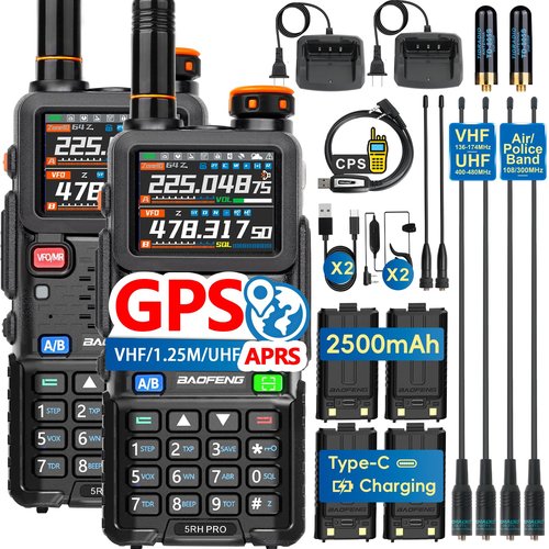 Ham Radio BAOFENG Radio 5RH PRO GPS APRS 10W High Power(4PCS Batteries, 8 Antennas) Walkie Talkies Long Range, Air Band, NOAA Emergency Weather Alarm for Survival Gear Hunting Camping 2 Pack Full Kit