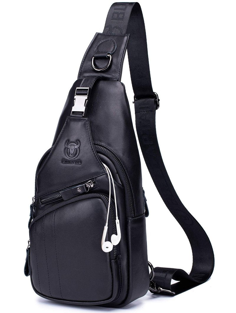 Cross body Bags for Men Leather Sling Bag Casual Daypacks Chest Bags Shoulder Bag Travel Hiking Backpacks (Black)