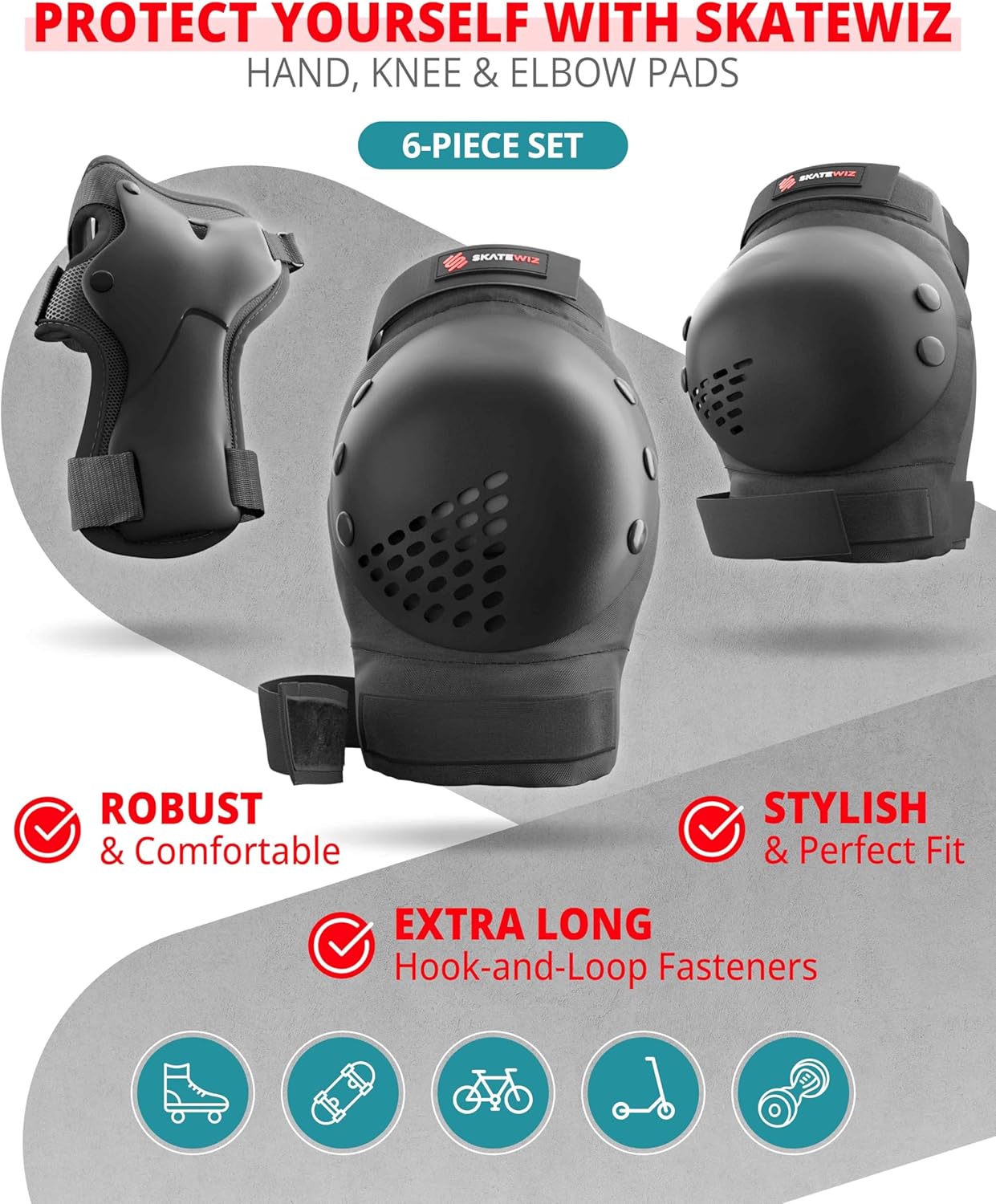 SKATEWIZ Skateboard Pads | Protective Gear Set for Kids & Adults - 6pc Roller Skate Pads with Wrist Guards