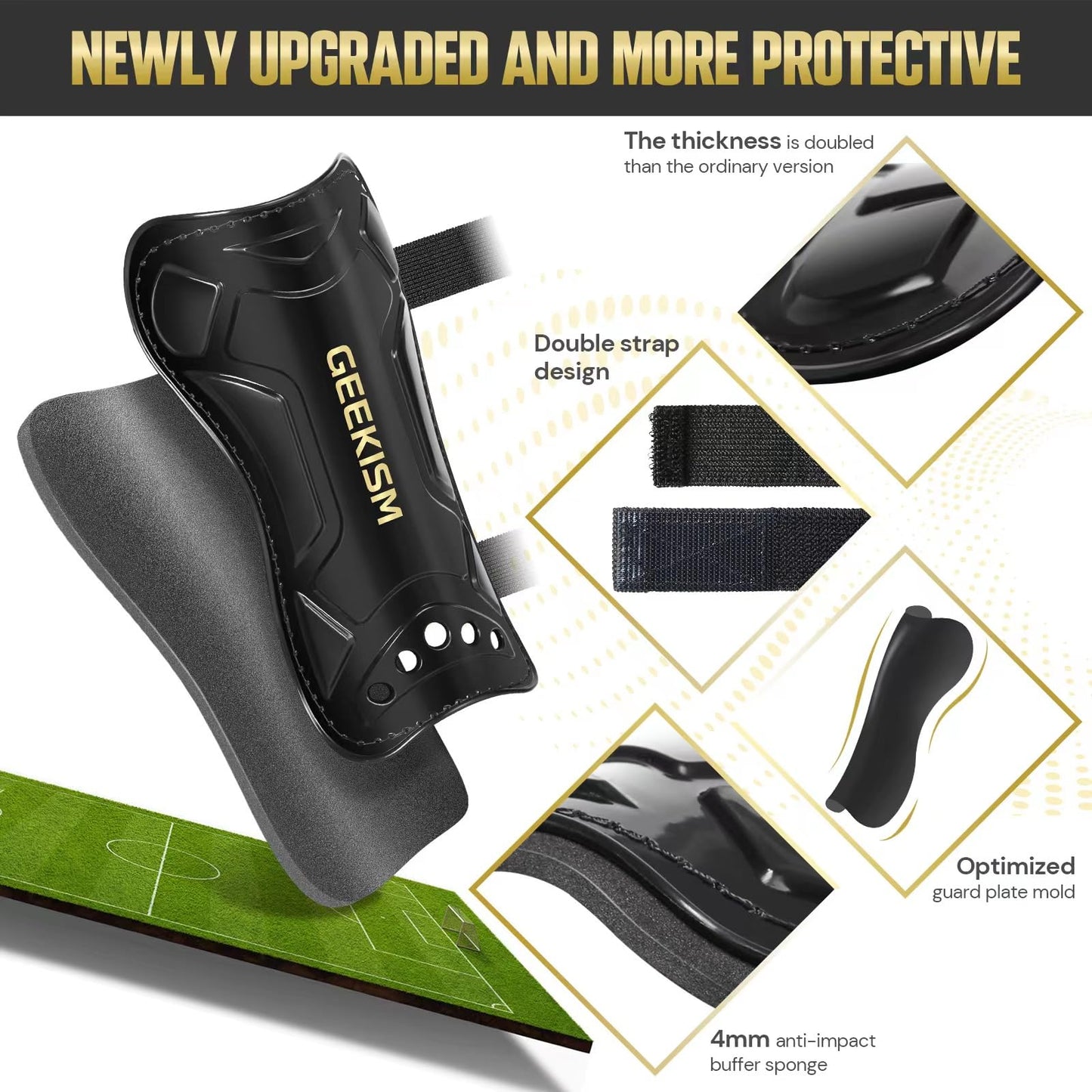 Soccer Shin Guards for Youth Kids Toddler, Upgraded Double Straps & Thicker, More Stable Protected Soccer Equipment - Football Gear for 3-5-7 4-6-8-10-12-14 Years Old Child Teens Boys Girls (Black, L)
