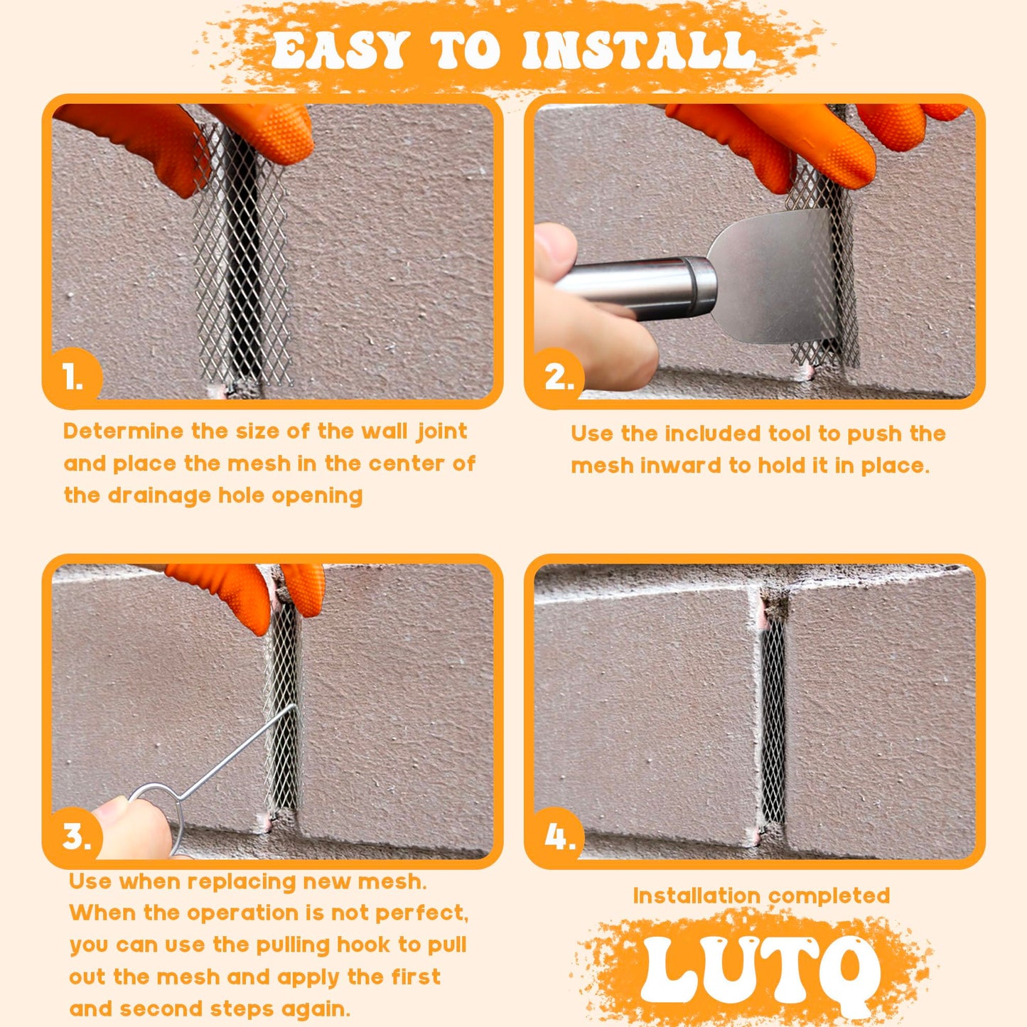 LUTQ Stainless Steel Brick Weep Hole Covers for Brick Walls - 100 Pack Diamond Hole Brick Weep Hole Inserts (0.1in x 0.2in Aperture) with Hook and Spatula for Easy Installation and Replacement