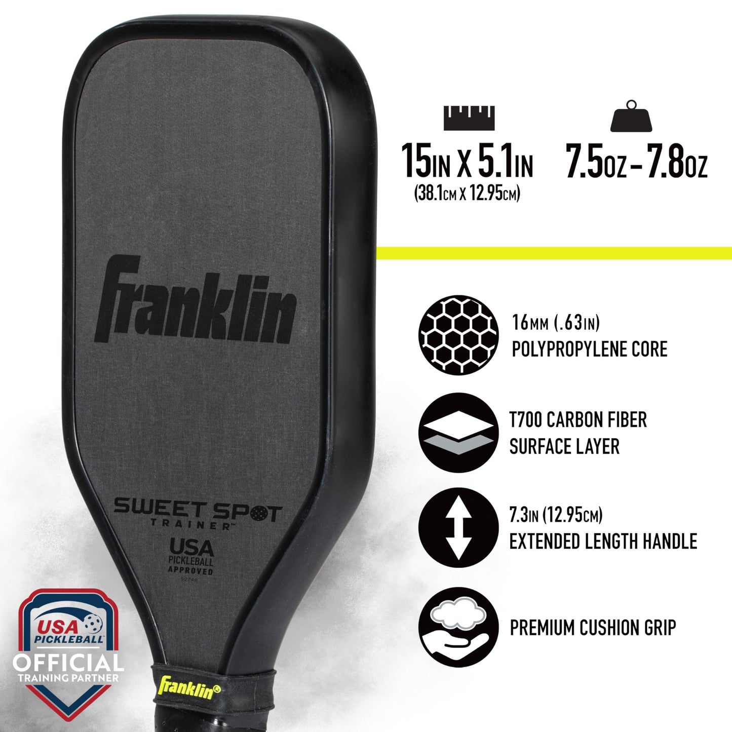 Franklin Sports Sweet Spot Training Pickleball Paddle - THE Original Pickleball Trainer Practice Paddle - Mini Head + Extra Long Handle for Shot + Swing Training - 16mm Core + T700 Carbon Face