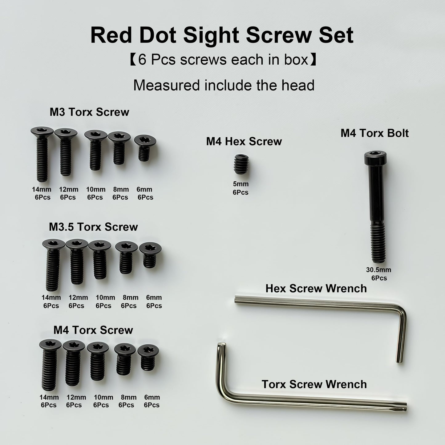 KEMIFON Red Dot Sight Screw Kit M3/M3.5/M4 Torx Anti-Stripping and M4 Hex Screws, 6 Pcs Each Spec, Carbon Steel