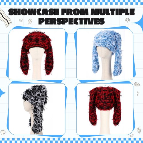 Cutecrop 3 Pcs Bunny Beanie Bunny Ears Hat Fluffy Warm Hat Faux Fur Fuzzy Y2k Furry Winter Hats Long Rabbit Ear Plush Beanie(Red and Black, Blue and White, Black and White)