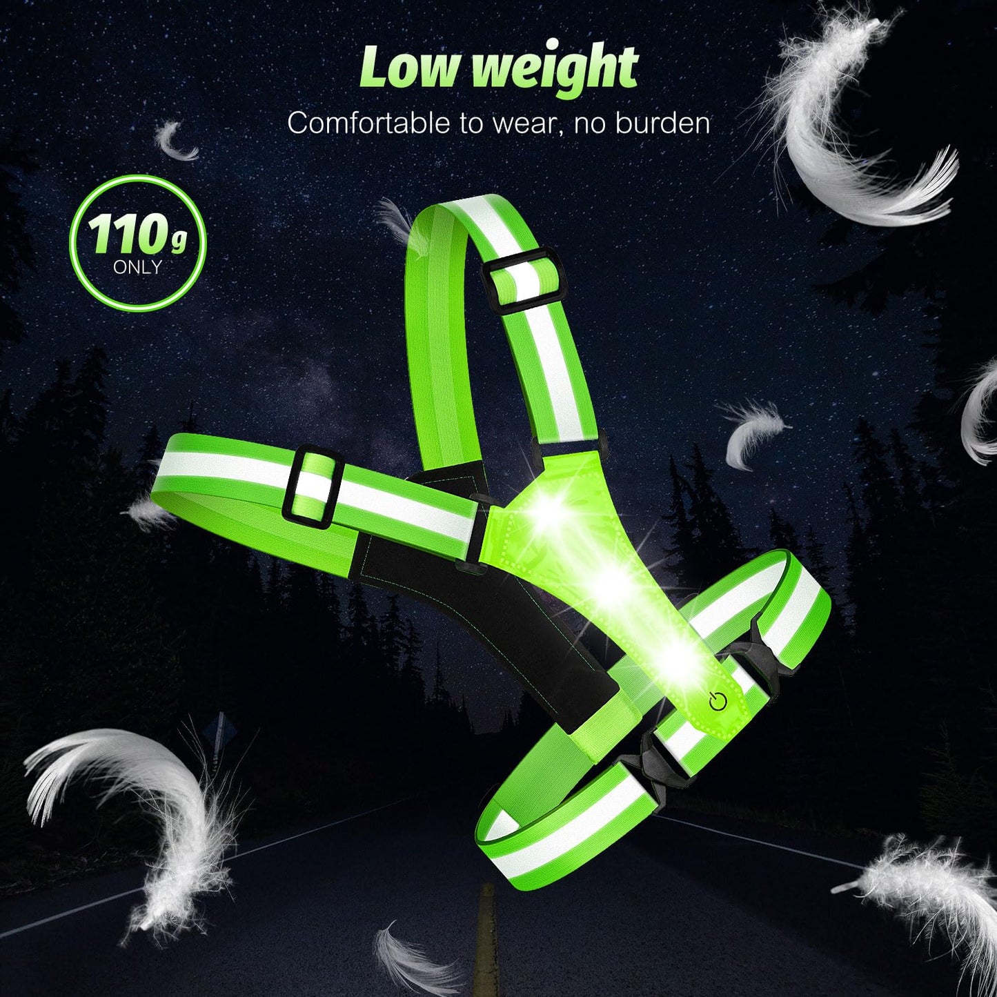 Cabbqiu LED Reflective Running Vest - Light Up With 3 Modes, Rechargeable Night Gear for Runners - Safety Belt for Women Men (Green)