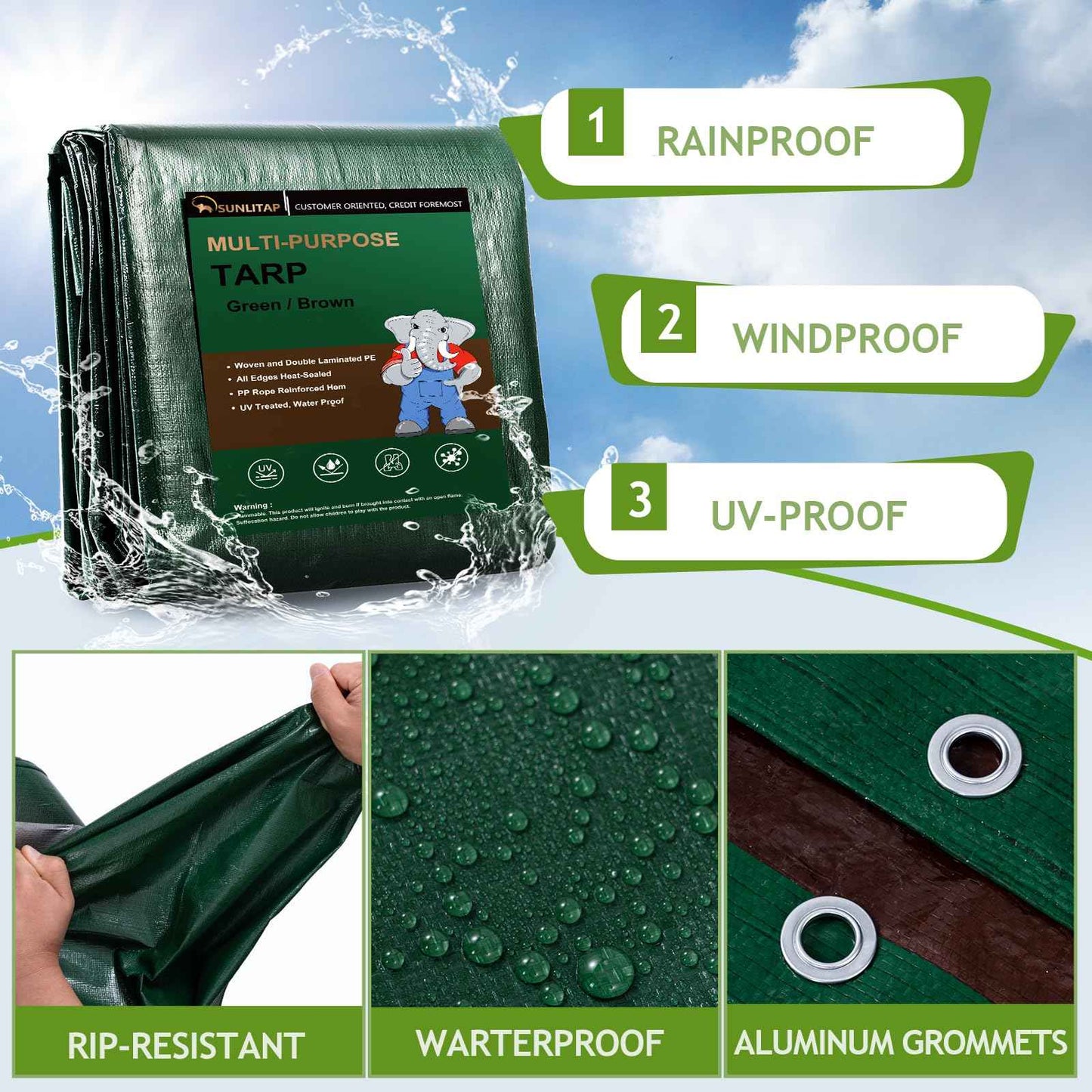 SUNLITAP 2 Pack 8' x 10' Waterproof Tarps, Finished Size Tarp Cover with Grommets Reinforced Edges, 5 MIL Multipurpose Light Duty Tarpaulin for Car, Camping, Boat, Roof, Protective Cover - Green