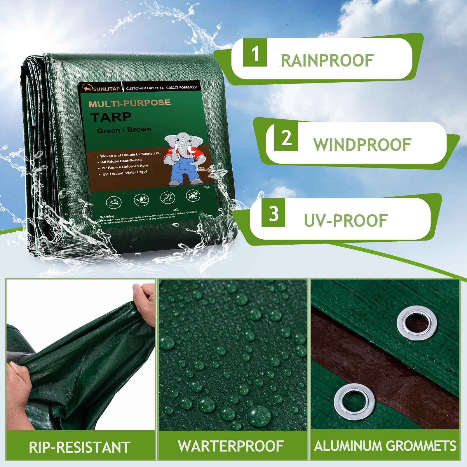 SUNLITAP 2 Pack 8' x 10' Waterproof Tarps, Finished Size Tarp Cover with Grommets Reinforced Edges, 5 MIL Multipurpose Light Duty Tarpaulin for Car, Camping, Boat, Roof, Protective Cover - Green