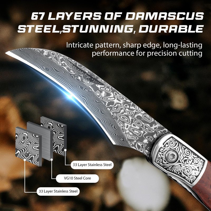 DRACHENADER Mushroom Knife with Brush, Folding Foraging Knife with VG10 Damascus Steel Blade, Curved Blade Mushroom Harvesting Knives with Leather Sheath for Camping