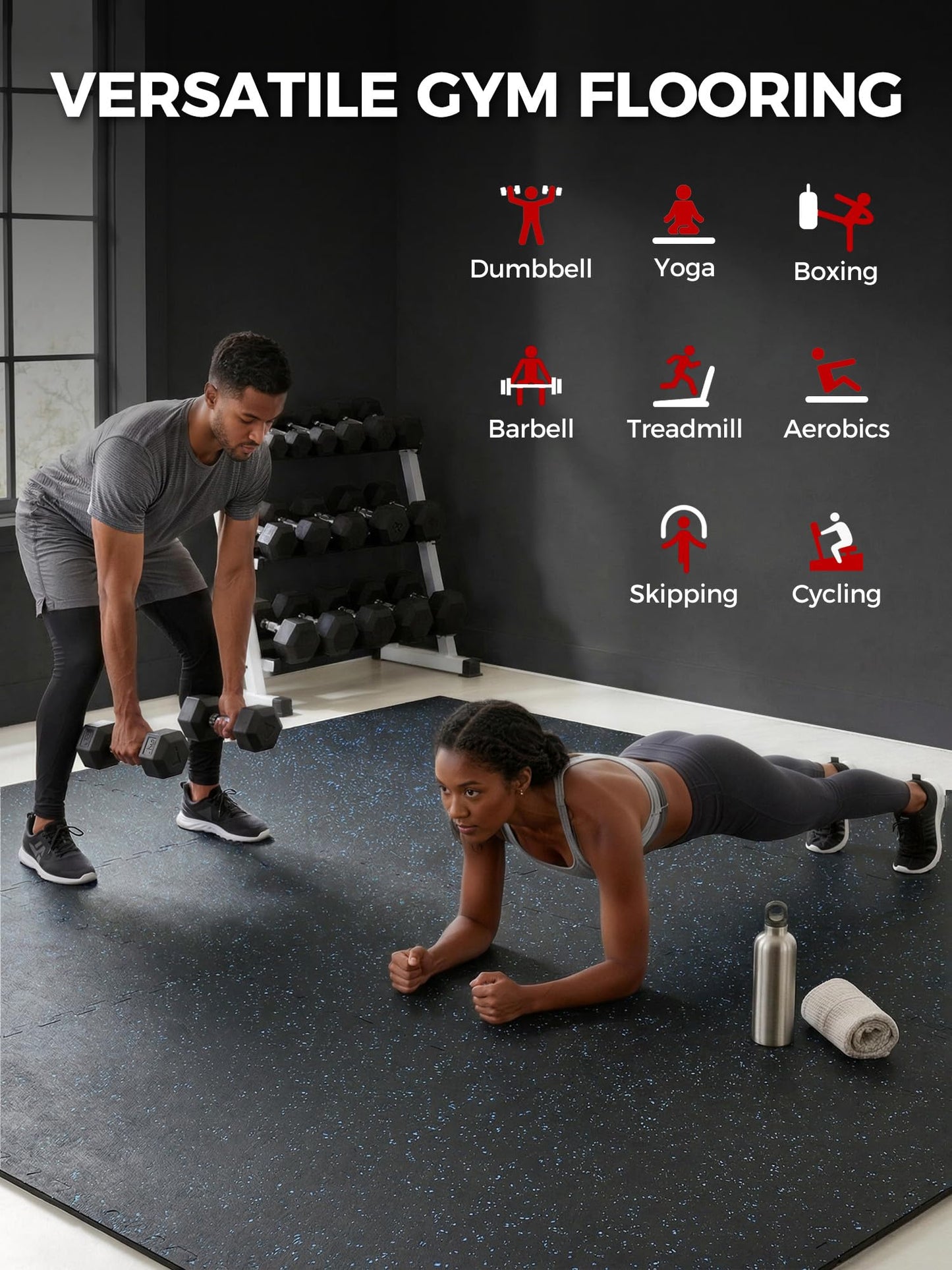HIAARO 0.56in Thick 48 Sq Ft Exercise Equipment Mats, 12 Tiles Rubber Top EVA Foam Workout Mats, Interlocking Gym Flooring for Home Gym, 24 x 24in, Black & Blue