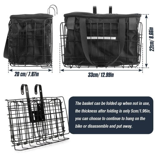 Zoofen Folding Bike Basket Front Metal Bicycle Basket for Adult Bikes,Foldable Bicycle Basket with Removable Nylon Inner Bag,Bearing 44 lbs