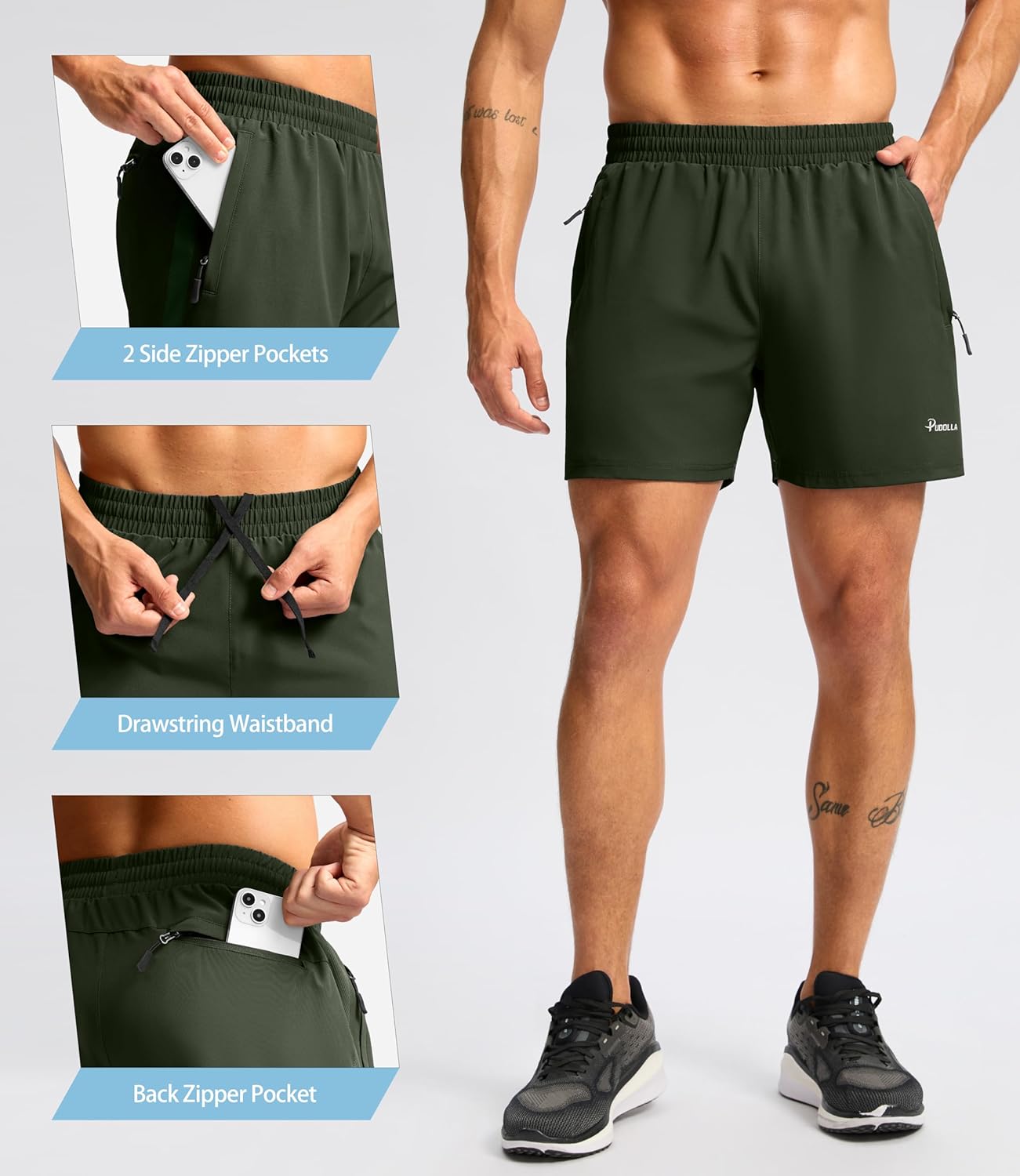 Pudolla Men's Athletic Running Shorts - Lightweight Quick-Dry with 3 Zipper Pockets | 5"/7" Sizes