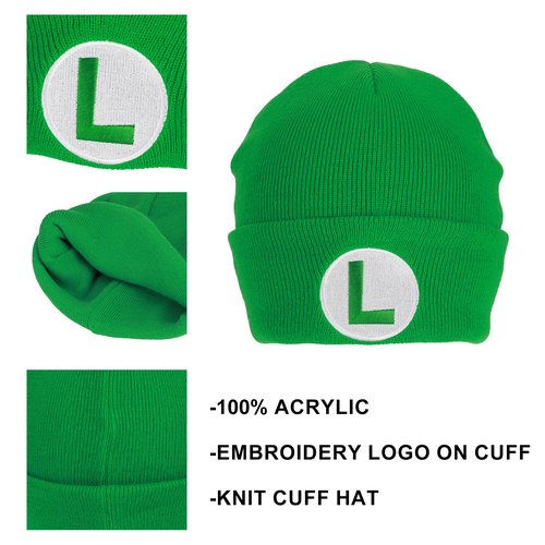 Bioworld Super Mario Luigi Logo Embroidery Standard Cuff Acrylic Knit Beanie Cuff Beanie