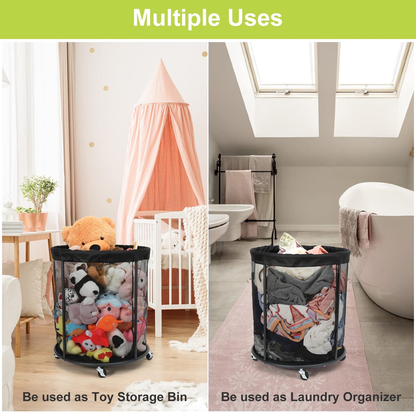 WEYIMILA Sports Equipment Organizer for Garage, Mesh Ball Holder for Soccer, Basketball, Volleyball, Baseball, 48 Gals Ball Cart for Holding Ball, Rolling Sports Organizer, Black