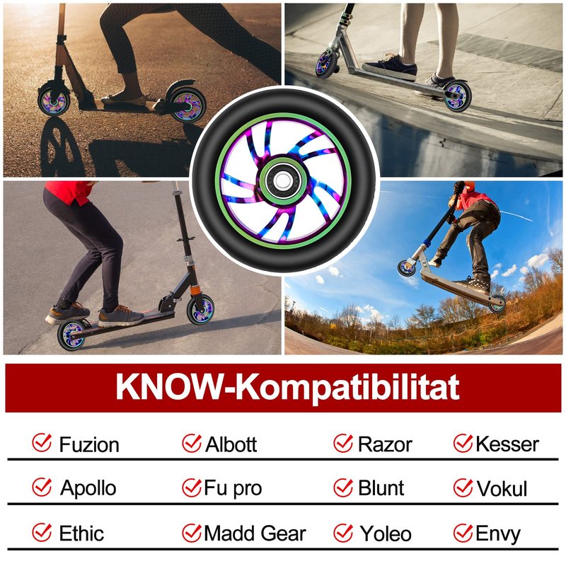 NONMON 2 Pack 100mm Scooter Wheels,88A Replacement Scooter Wheel with ABEC-9 608RS Bearings Installed for Pro Scooters Kick Scooters, Multi-Color