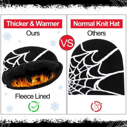 Jeyiour 4 Pcs Y2k Beanies Spider Web Pattern Beanie Gothic Acrylic Knitted Hat Casual Streetwear Outdoor for Men Women(Classic Color,Fleece Lined)