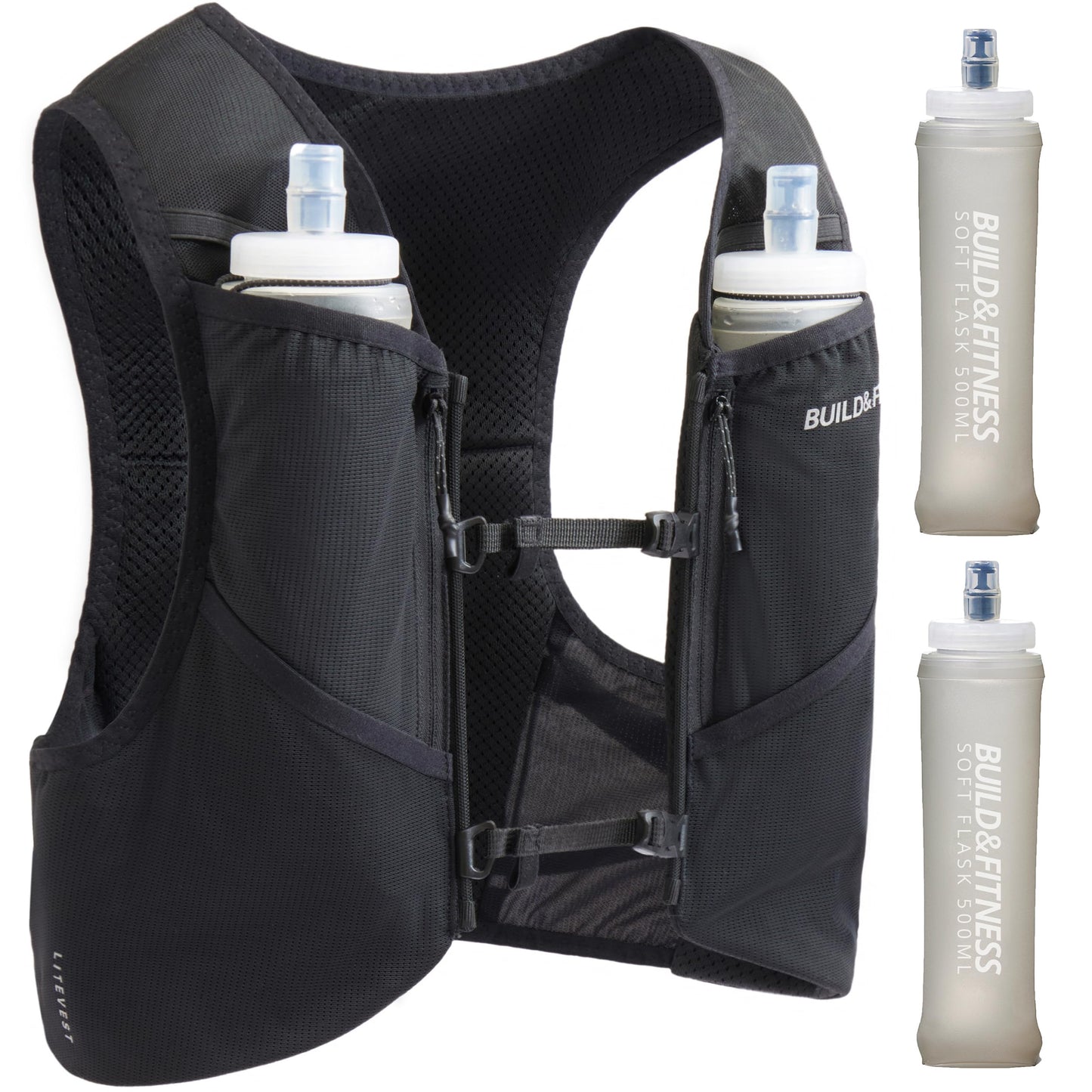 Build & Fitness LITEVEST Running Vest with 2X 500ml Soft Flasks – 7 Pockets, Lightweight, Breathable Hydration Vest – Premium, Secure, Comfort & Style for Training, Trails, Marathons & Everyday Runs
