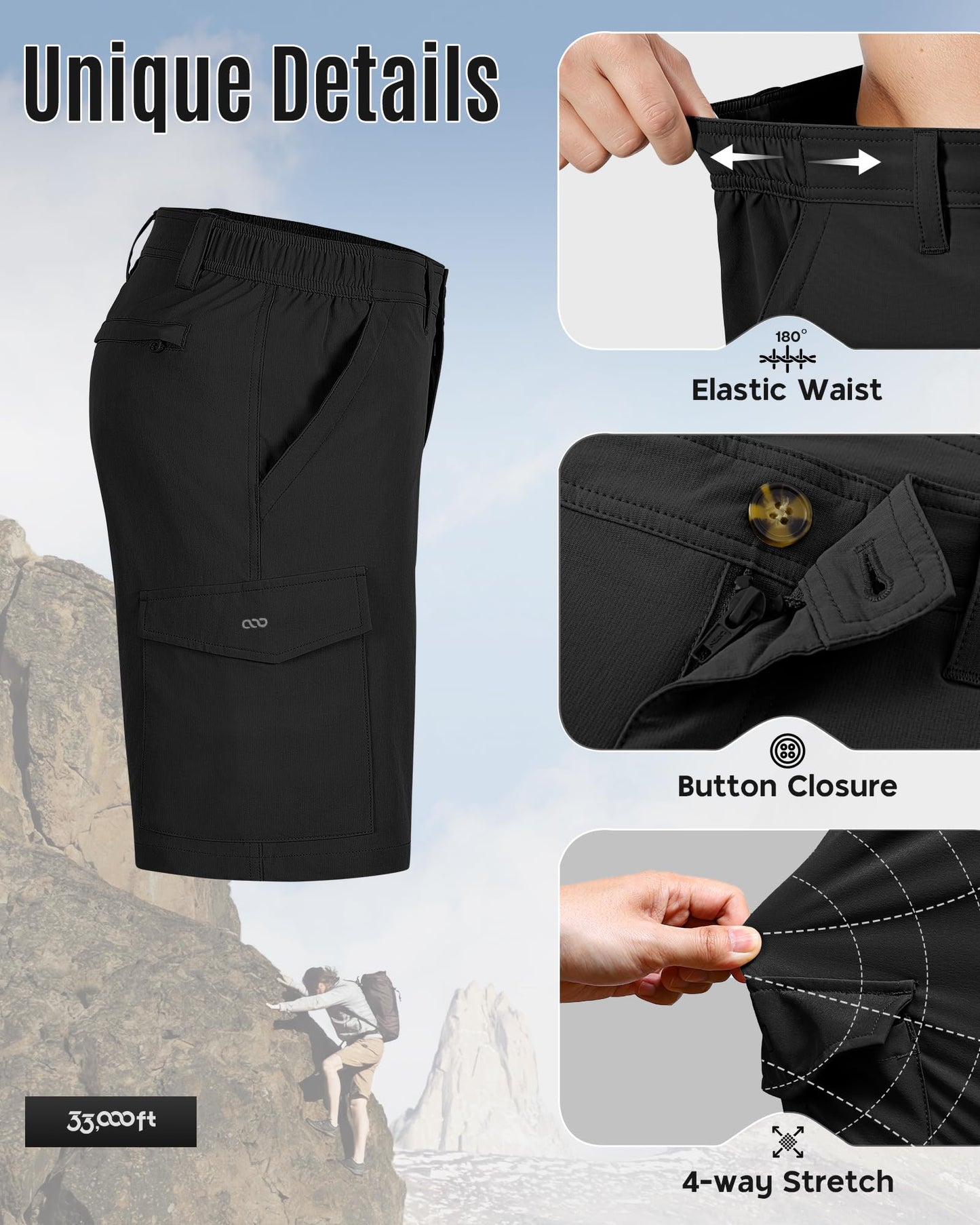 33,000ft Men's Golf Shorts 10" Inseam with Zipper Pocket Lightweight Quick Dry Stretch Hiking Cargo Shorts for Travel Fishing Black