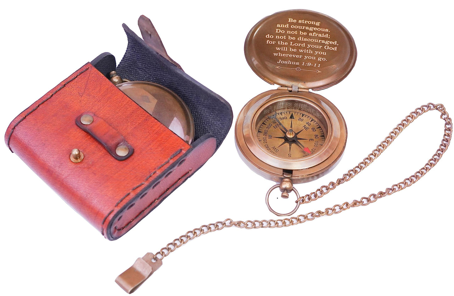 Religious Christian Gift Compass (Joshua 1:9) - Brass Compass with Leather Case - Engraved Personalized Compass - Baptism Gifts for Boys Girls - Confirmation Gift for Men
