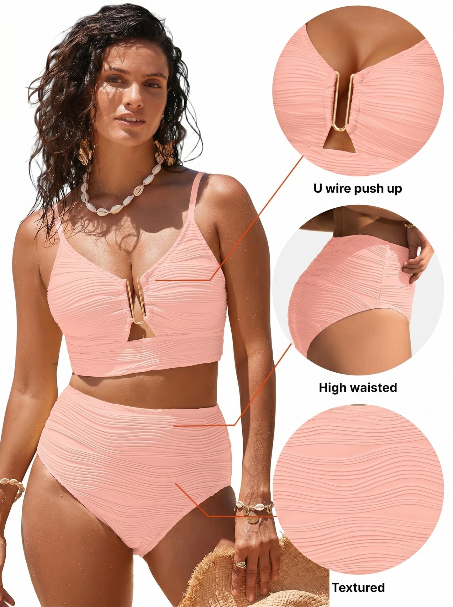 Herseas Womens Sexy U Wired Ruched Push Up 2 Piece Bikini Sets Tummy Control High Waisted Cutout Adjustable Straps Swim Suits Stretchy Bathing Suit Baby Pink Medium