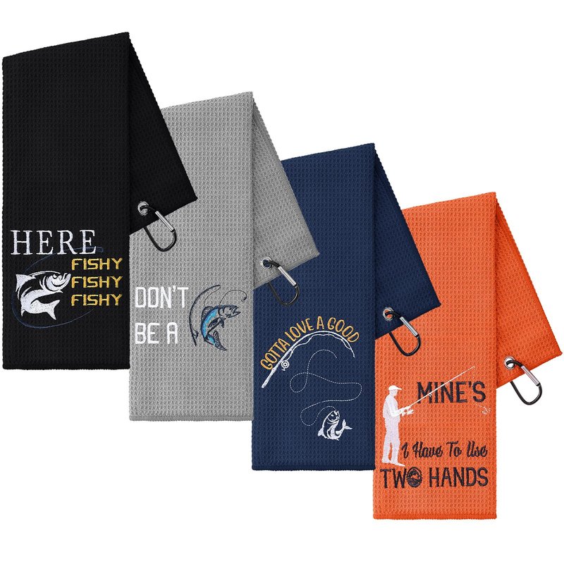VitalCozy 4 Pcs Microfiber Fishing Towels with Clip Waffle Pattern Bait Towels for Effective Cleaning of Fishing Gears 16''x24'' Embroidered Towel Gift for Fly Kayaking Hiking Father's Day