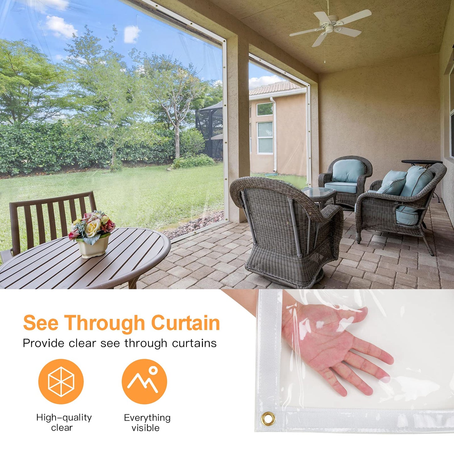 10 x 10FT Outdoor Clear Tarp Curtain Waterproof Wind-Proof 24 Mil Transparent Vinyl Tarp for Patio Pergola Garden Canopy Rainproof Anti-Tear PVC Thick Cover with Grommets