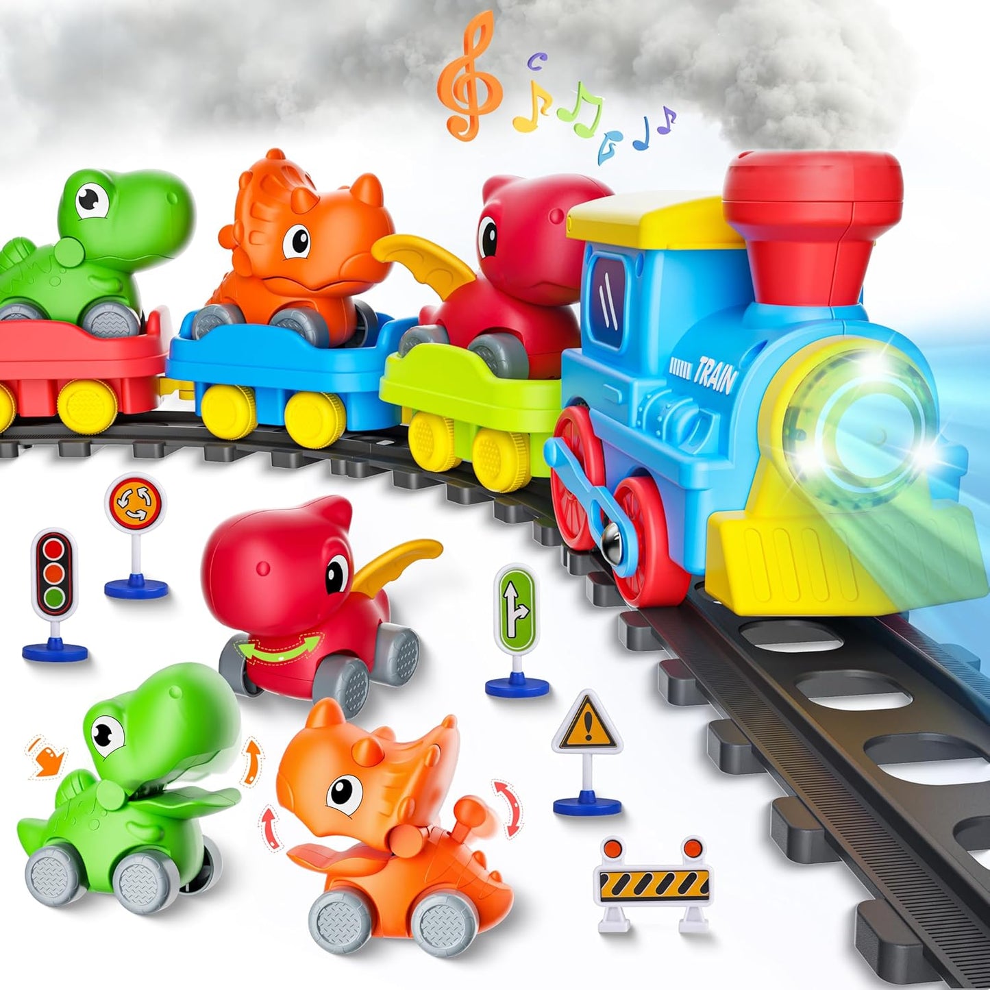 Skiennix Electric Train Set for Toddlers - Steam, Music & Lights | Includes Dinosaur Cars & Tracks, Perfect Gift for Ages 1-6
