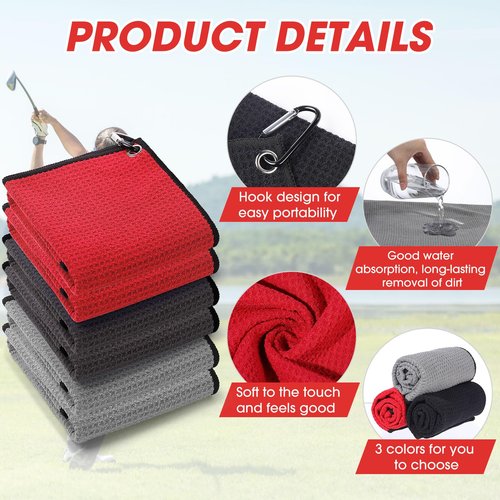 Batiyeer Golf Towels Bulk for Bags, 16"x16" Microfiber Waffle Pattern Golf Towel with Clip for Tournament, Club, Fitness(Black,Gray,Red,50 Pcs)