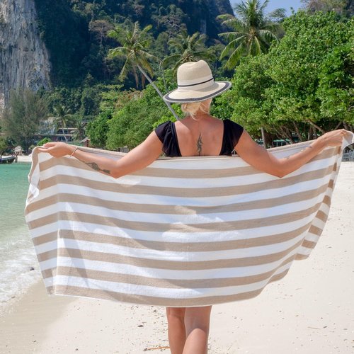 Arkwright Cabana Stripe Beach Towels - Pack of 4 Oversized 100% Cotton Quick-Dry 30 x 70 in, Beige
