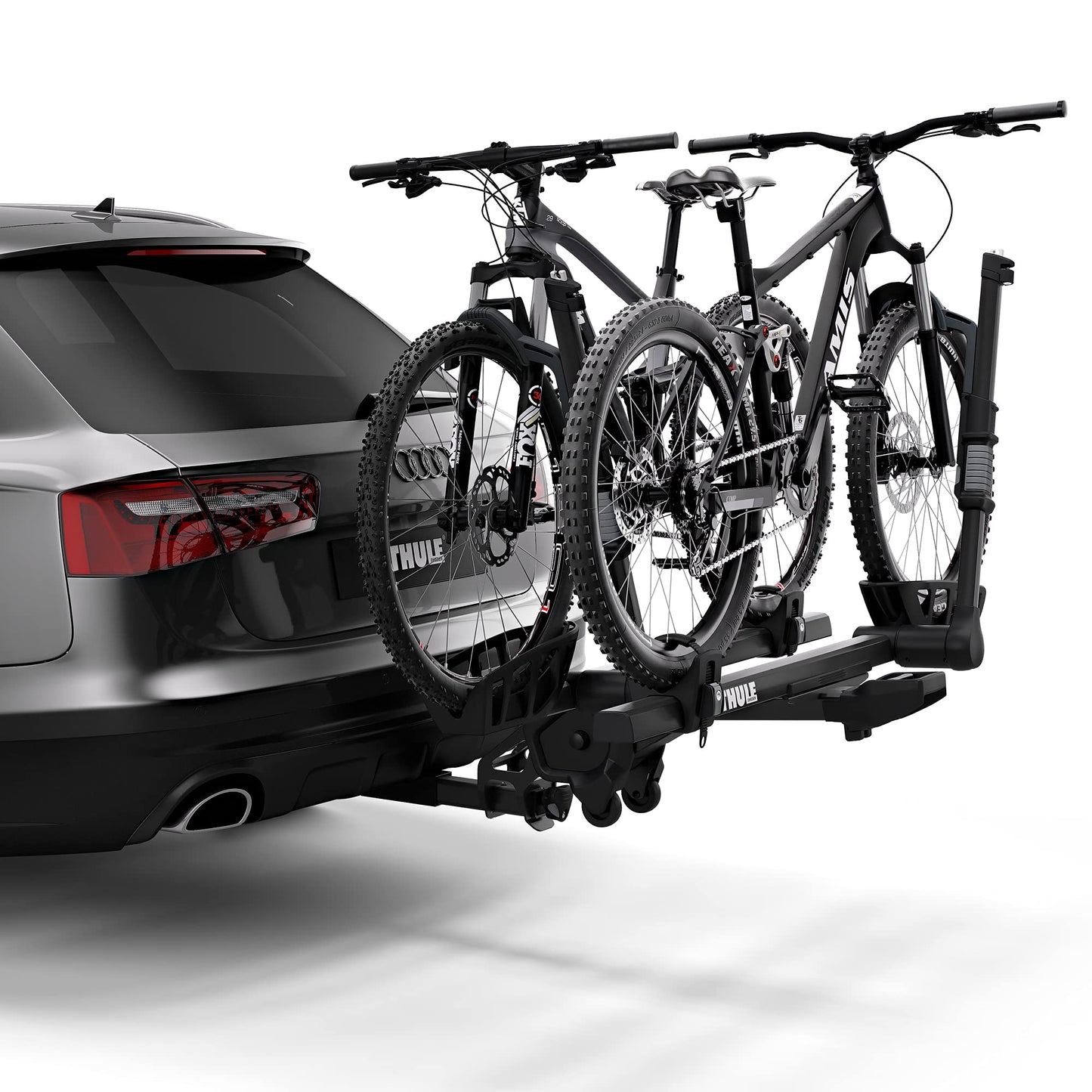 Thule T2 Pro XTR 2 Hitch Bike Rack - E-Bike Compatible - Tool-Free Installation - No Frame Contact - Tilts for Trunk Access - Fully Locking - Integrated Wheels For Transport - 100lb Load Capacity