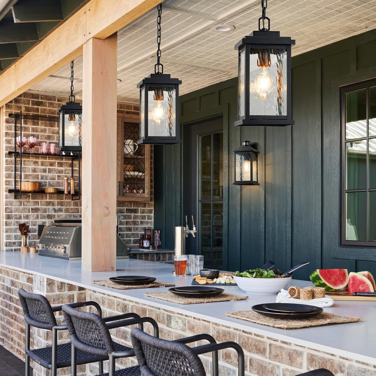 VIANIS Large Anti-Rust Outdoor Chandelier with Adjustable Wire, Black Pendant Light with Water Glass for Porch, Garden,Garage, Easy-to-Install Outdoor Hanging Lantern Suiting for Sloped Ceiling