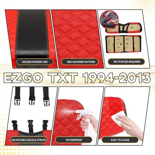 HANGKUNNEE EZGO TXT Seat Covers, EZGO TXT Golf Cart Seat Covers for 1994-2013 OEM Ordinary Seat, Marine Grade Vinyl Leather, Anti-Scratch/Anti-Fading/Easy to Install, Diamond/Red(4PCS/Front & Rear)