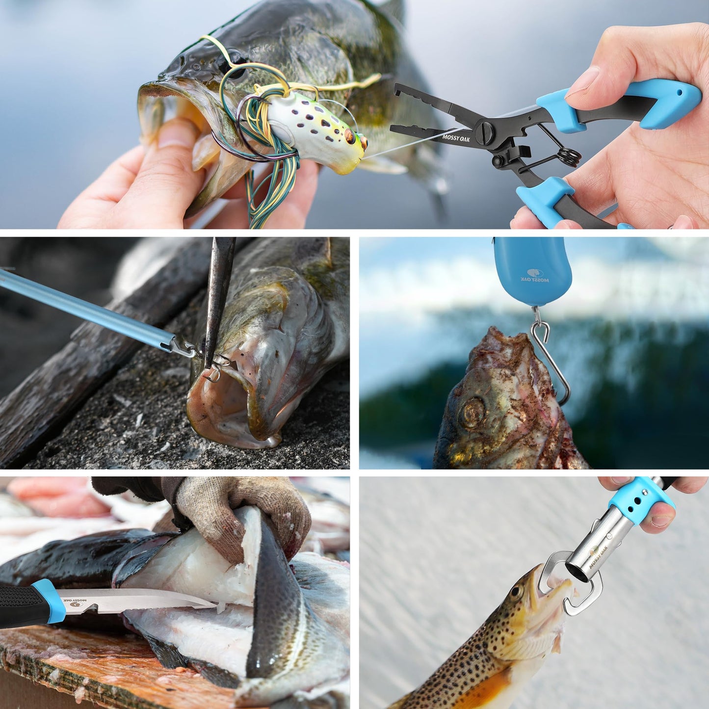 Mossy Oak 6Pcs Fishing Tools Kit- Fishing Plier, Fish Fillet Knife, Fish Lip Gripper, Hook Remover, Digital Fish Scale, Line Snip, Fly Fishing Retractor, with Sheath Lanyard, Fishing Gifts for Men