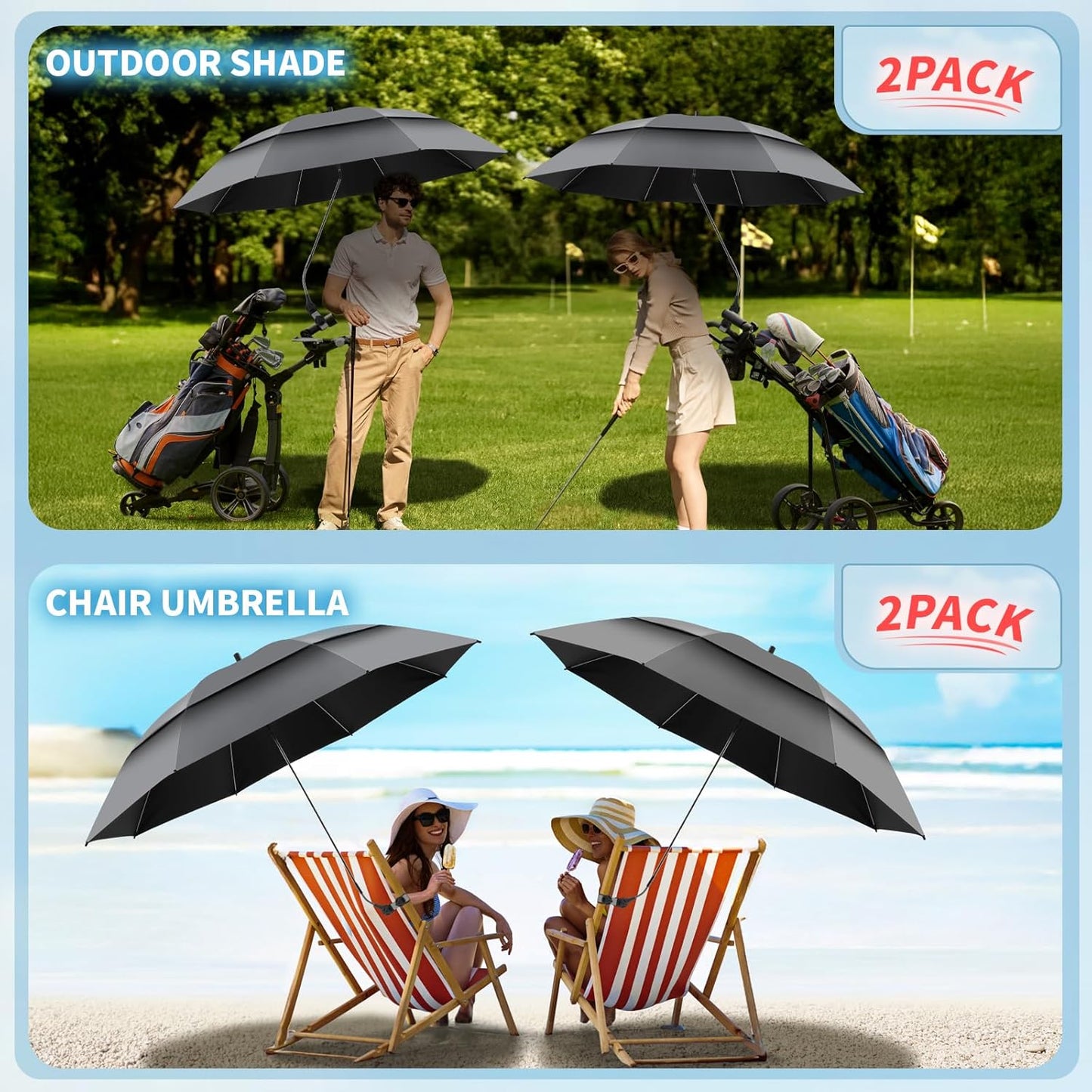 Skiennix 48.6" Double Canopy Beach Umbrella - UPF50+ Portable Clamp Umbrella for Wheelchairs & Golf Carts