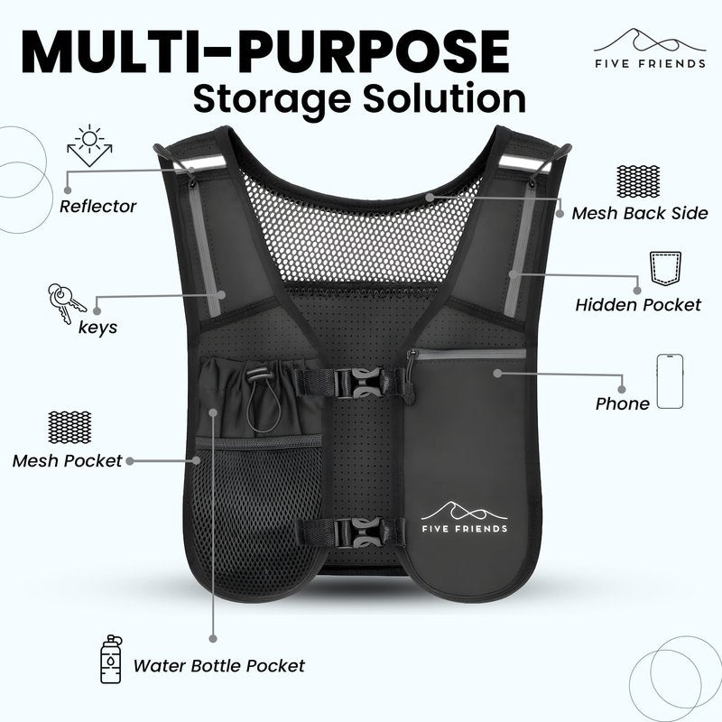 Running Vest with Water Bottle – Lightweight, Breathable Designed Reflective Hydration Vest with 6 Pockets – Adjustable Running Backpack for Men & Women, Ideal for Marathon & Night Trainings