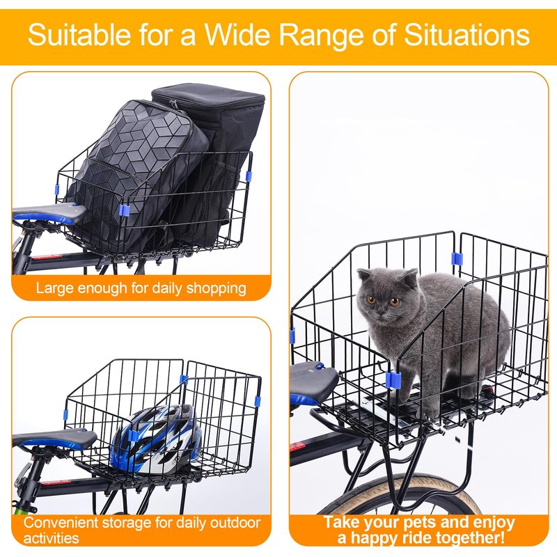 HOMEE Folding Detchable Rear Bike Basket, Bicycle Cargo Rack Storage Basket, Waterproof Metal Bike Basket for Most Rear Mounted Bike Rack