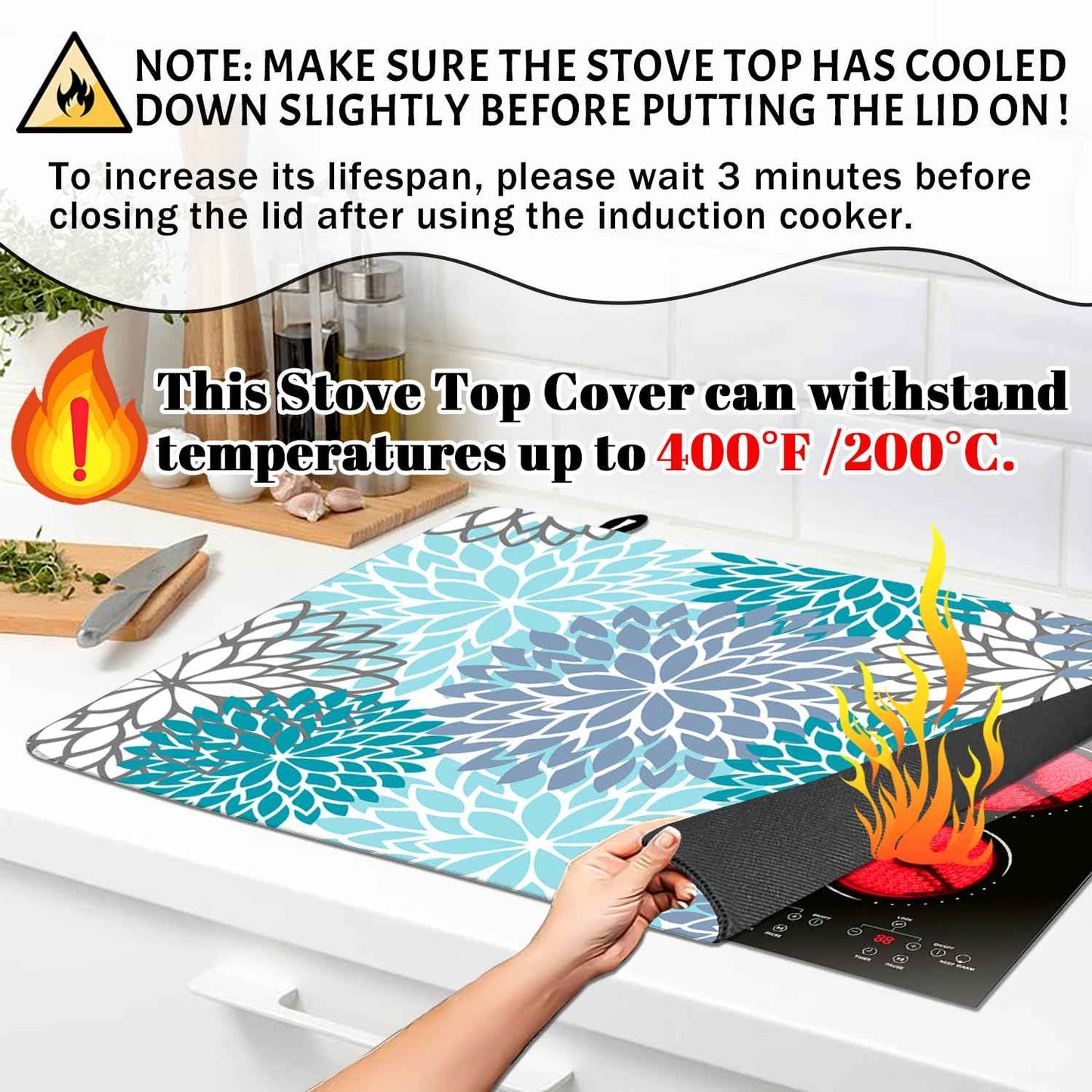 Stove Top Cover for Electric Stove 28 "x 20 ", Teal Bule Flora Heat Resistant Glass Top Stove Cover Protector, Glass Cooktop Covers, Kitchen Flat Stove Top Covers for Electric Stove