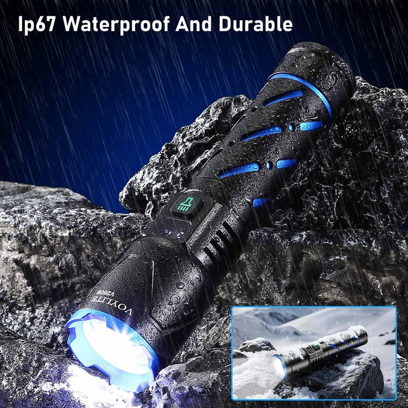 Voylite Rechargeable Flashlights High Lumens - 100000 LM, 5000mAh Battery with LCD Display, 3 Modes, Zoomable & IP67 Waterproof - for Camping, Dog Walking, Emergencies