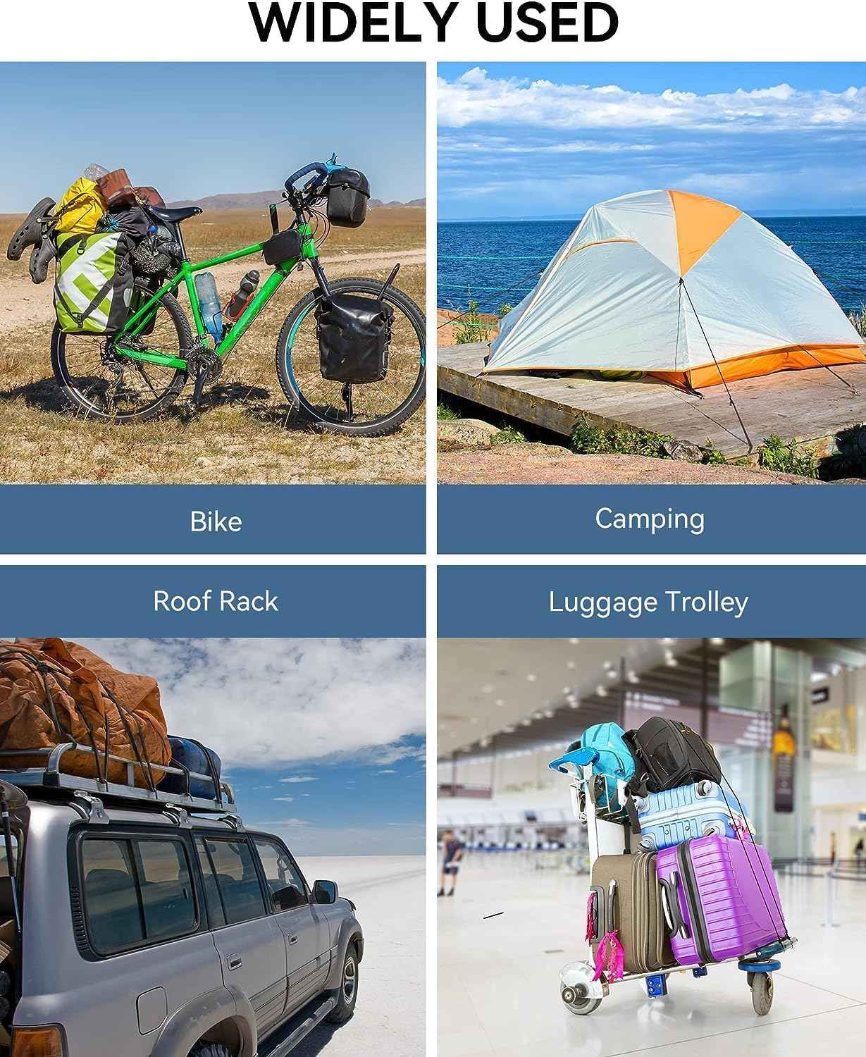 6 Pack 48" Flat Adjustable Straps with Hooks, 3X Faster to Adjust The Length, LuckyStraps Heavy Duty Bungee Straps for Cargo, Camping, Bike, Truck, Roof Rack, Motorcycle, Outdoor Use, Black