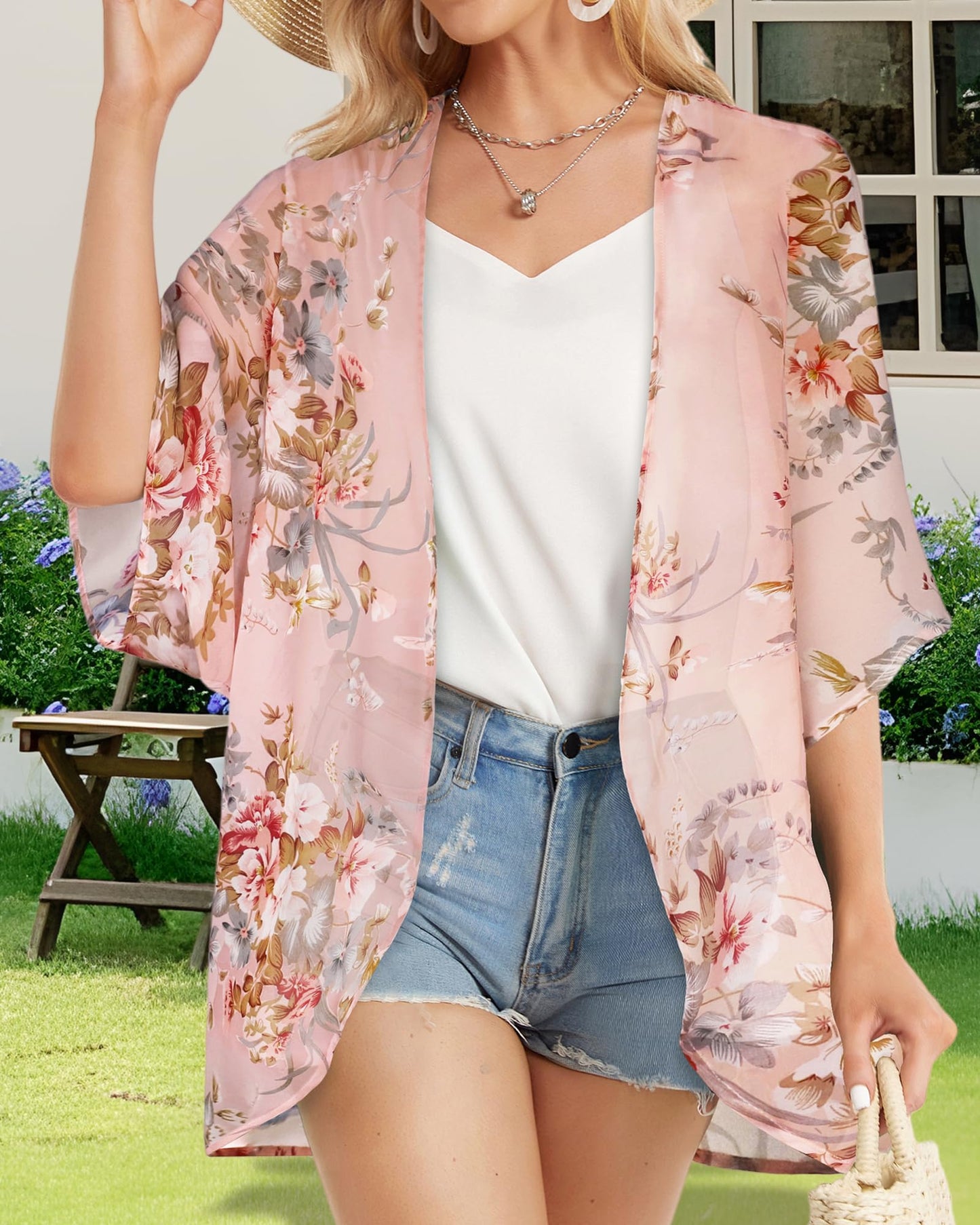 Womens Kimono Cardigans Floral Tops Sheer Beach Cover Ups Chiffon Open Front Thin Jacket Shirts （Pink Flowers,L)