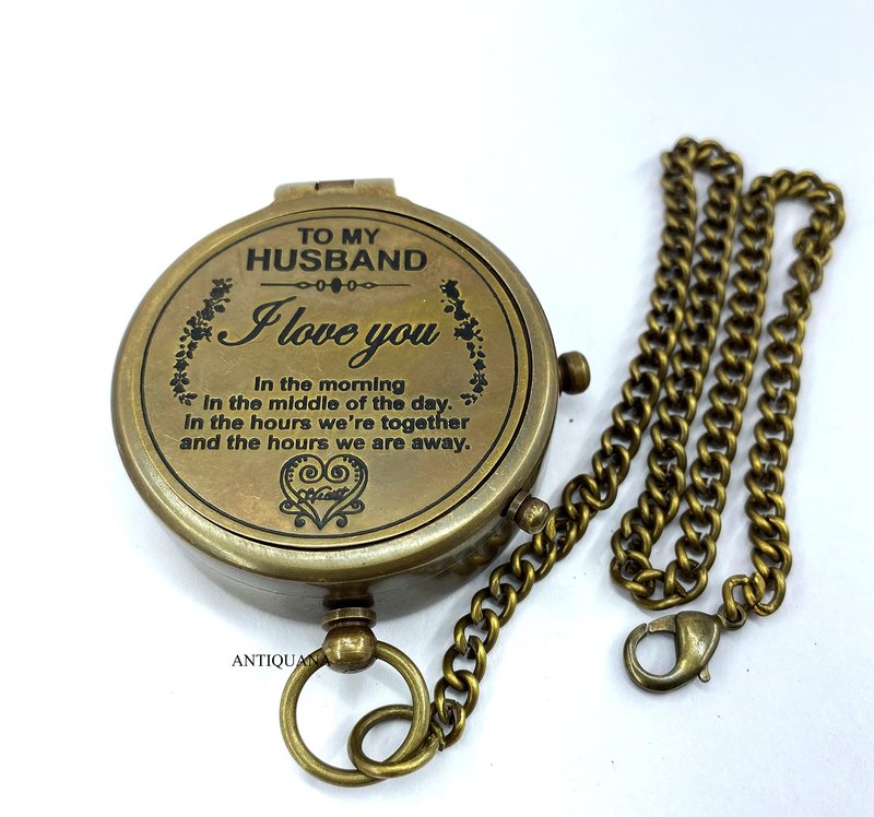 ANTIQUANA Brass Compass Unique Print To My Husband Compass With Leather Case Antique Brass Compass With Chain A Great Gift Item For Your Loved Ones Hikers And Traveler By