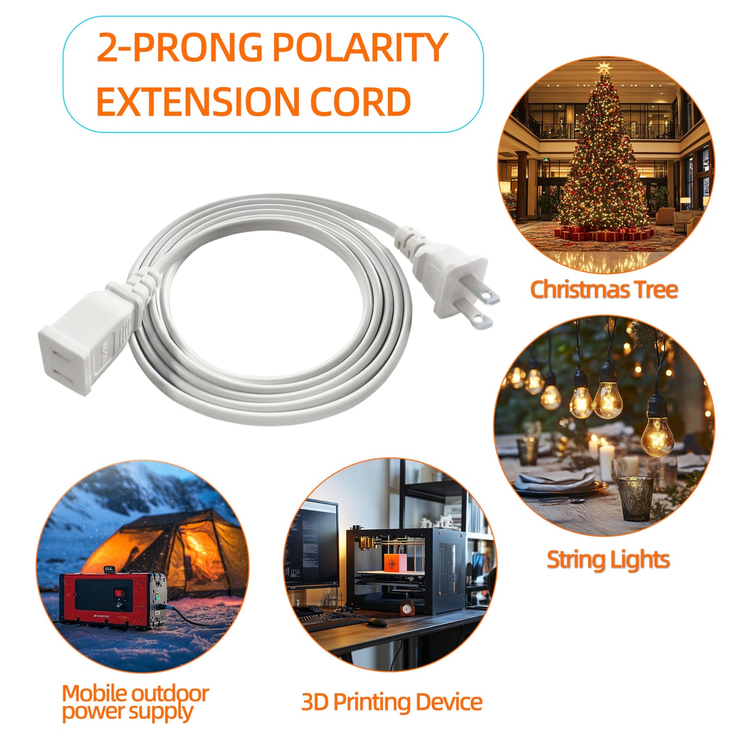 2 Prong Polarized White Extension Cord 15 feet Thin Power Cable Male to Female, 125V 5A 625W for Indoor/Home Use, Slim Design for Christmas Lights, Halloween Decor, Lamps & Small Appliances (1Pack)