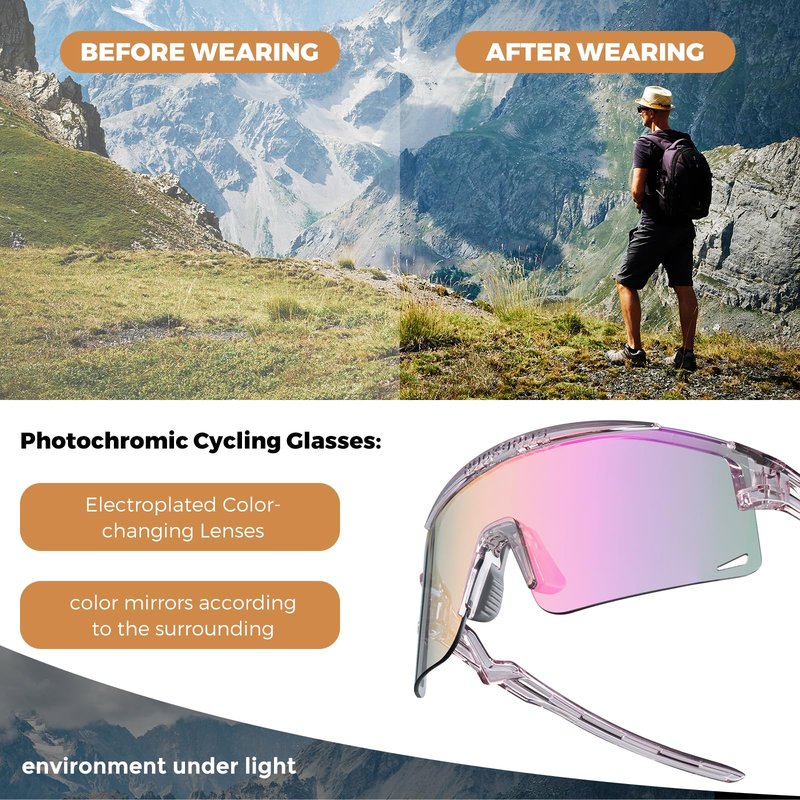 ROCKBROS Cycling Glasses Colour-changing UV Protection Against Wind and Sand Sports Glasses for Men Women Cycling Goggles
