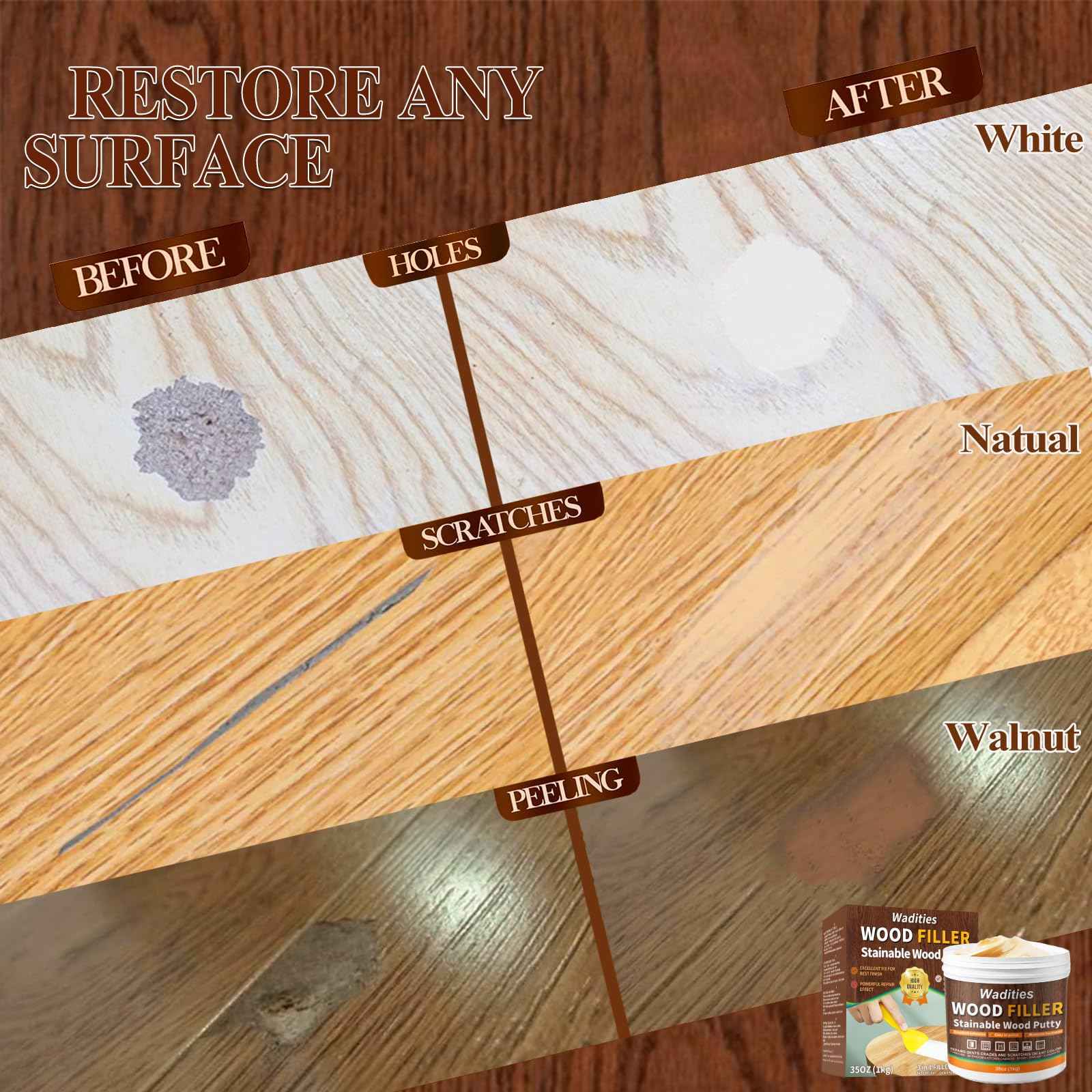 35oz Wood Filler, Natual Wood Putty, Wadities Paintable Stainable Wood Repair Putty, Wood Furniture Repair Kit, Quickly Repair Broken and Defective Wooden Furniture (Natual)