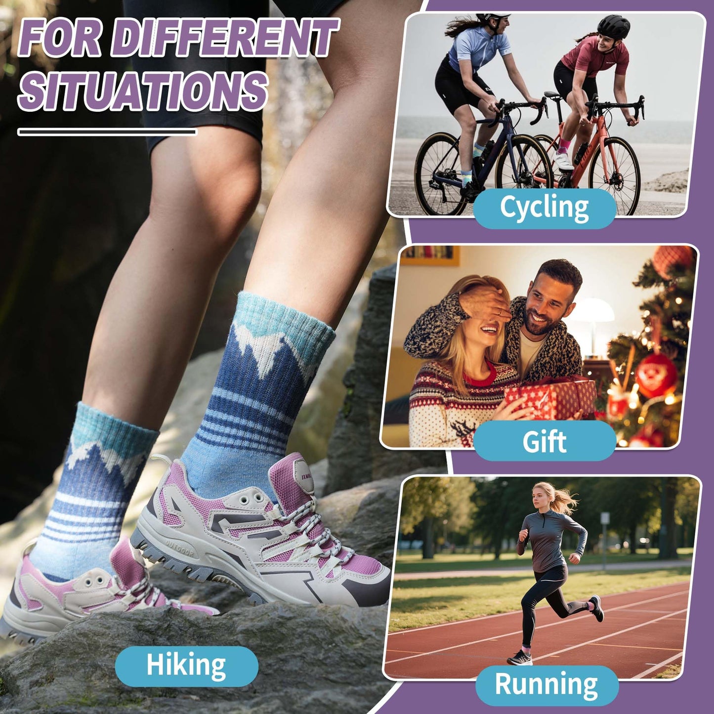 Sandsuced Womens Merino Wool Hiking Socks Thermal Winter Warm Cozy Outdoor Crew Socks 5 Pairs Gift Stocking Stuffers(Purple/Blue/Dark Blue/Rose Pink/Light Blue，M)