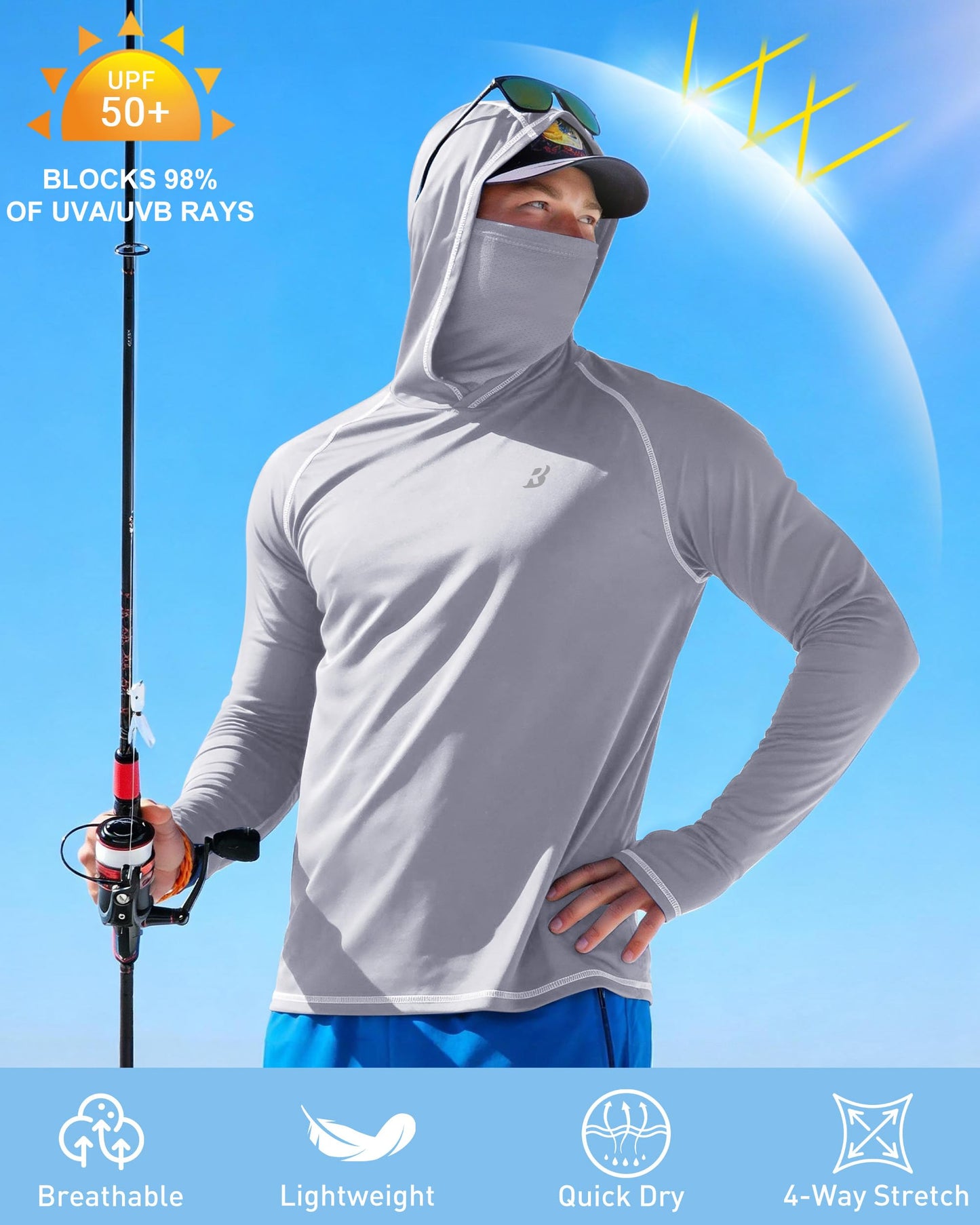 Roadbox UPF 50+ Fishing Shirts for Men, Long Sleeve UV Sun Hoodie with Mask, Outdoor Swim Hiking Running Workout Rash Guard Light Gray