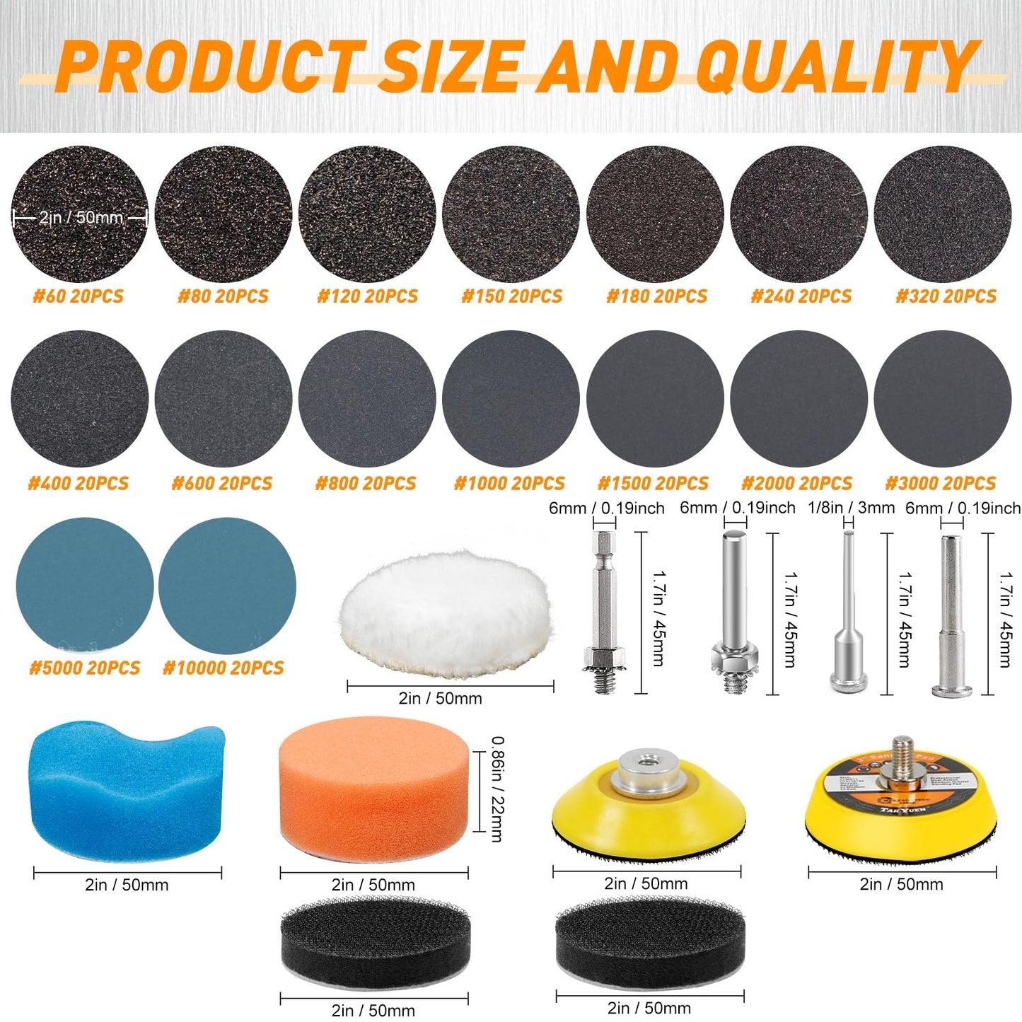 Pukamam 331 PCS 2 Inch Wet Dry Sanding Discs Grit 60 80 120 150 180 240 320 400 600 800 1000 1500 2000 3000 5000 10000 Hook and Loop for Drill Sanding Attachment
