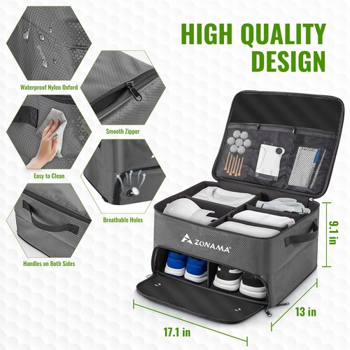 Golf Trunk Organizer, 3 Layers Large Space Car Trunk Locker, with Separate Compartment, Waterproof Golf Accessories Bag for 2 Pairs of Golf Shoes, Balls, Clothes, Golf Gift for Men Women(Grey)