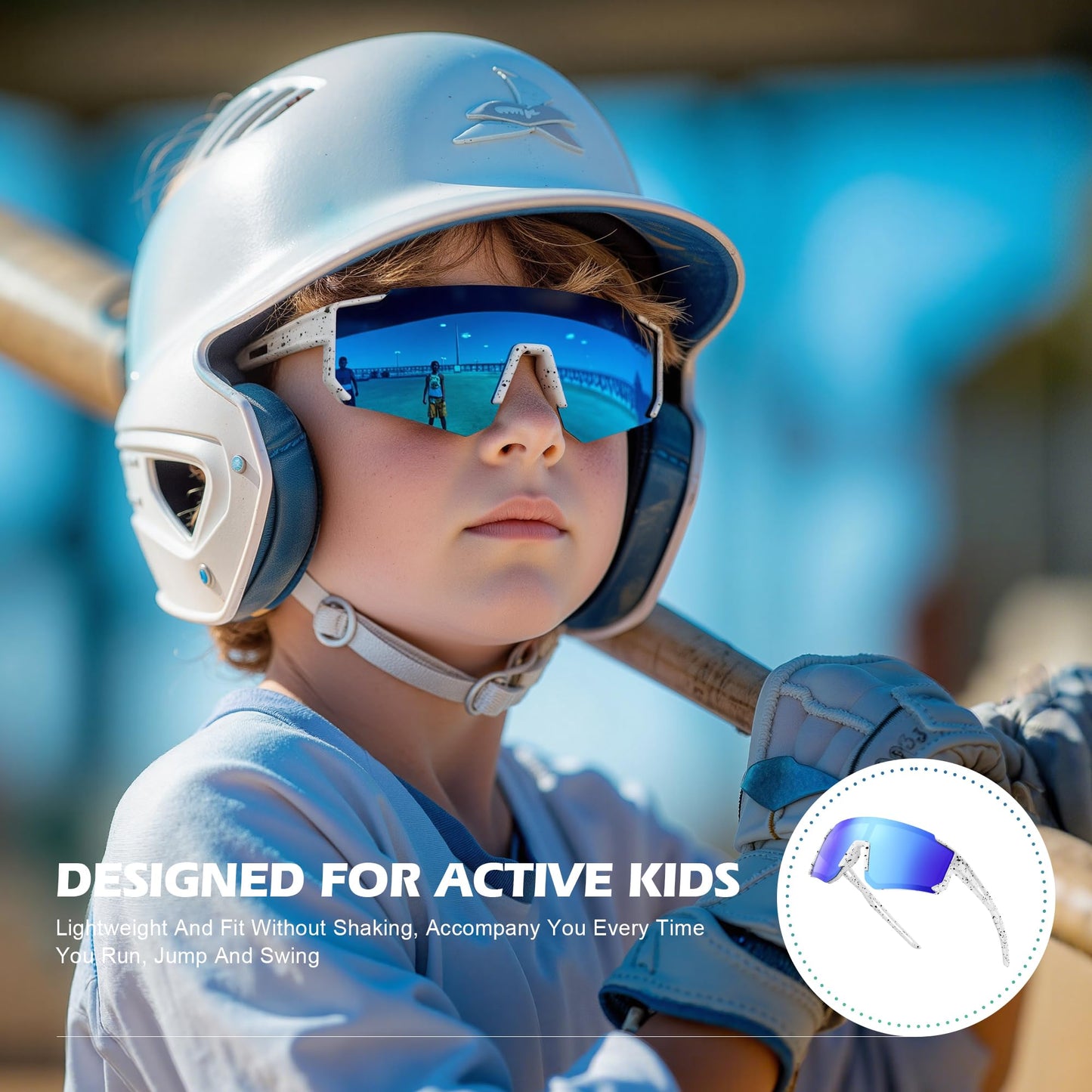 Fanshen Kids Baseball Sunglasses for Boys Girls Ages 3-12, Sports Polarized Youth Baseball Softball Sunglasses UV Protection (Bright Black/Grey)
